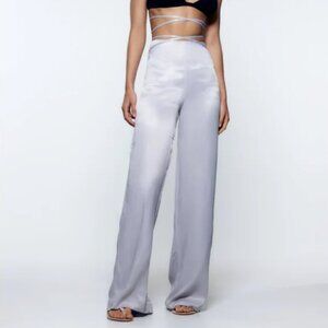 ZARA Full length satin effect pearl grey pants trousers